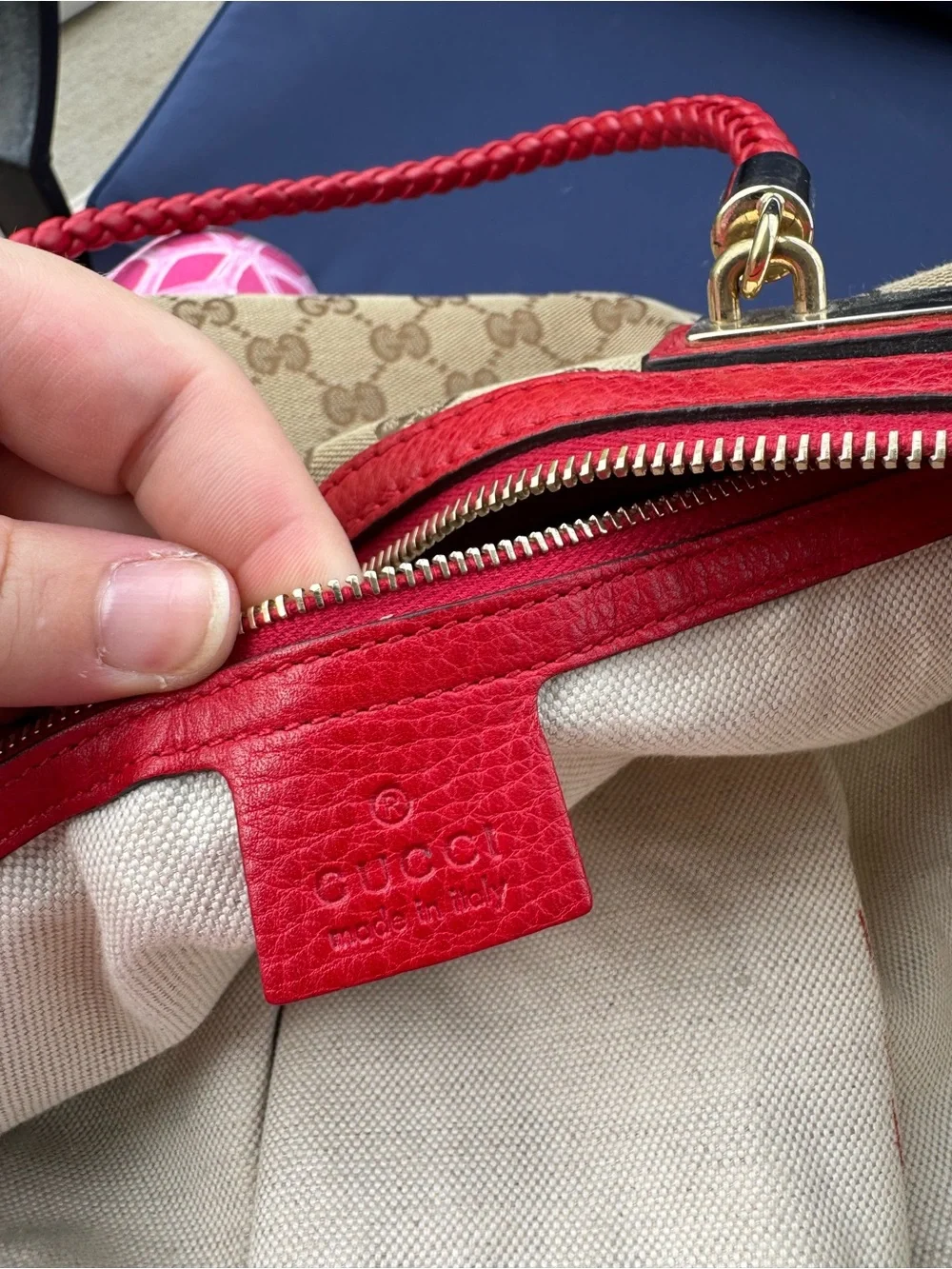 Gucci Beige GG Canvas Shoulder Bag with Red Trim and Tassels